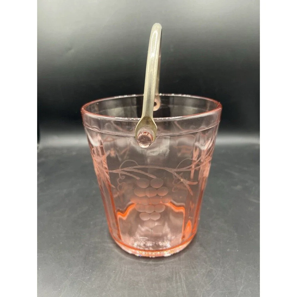 Vintage Cambridge Pink Depression Glass Ice Bucket Etched Floral Grapes Tongs